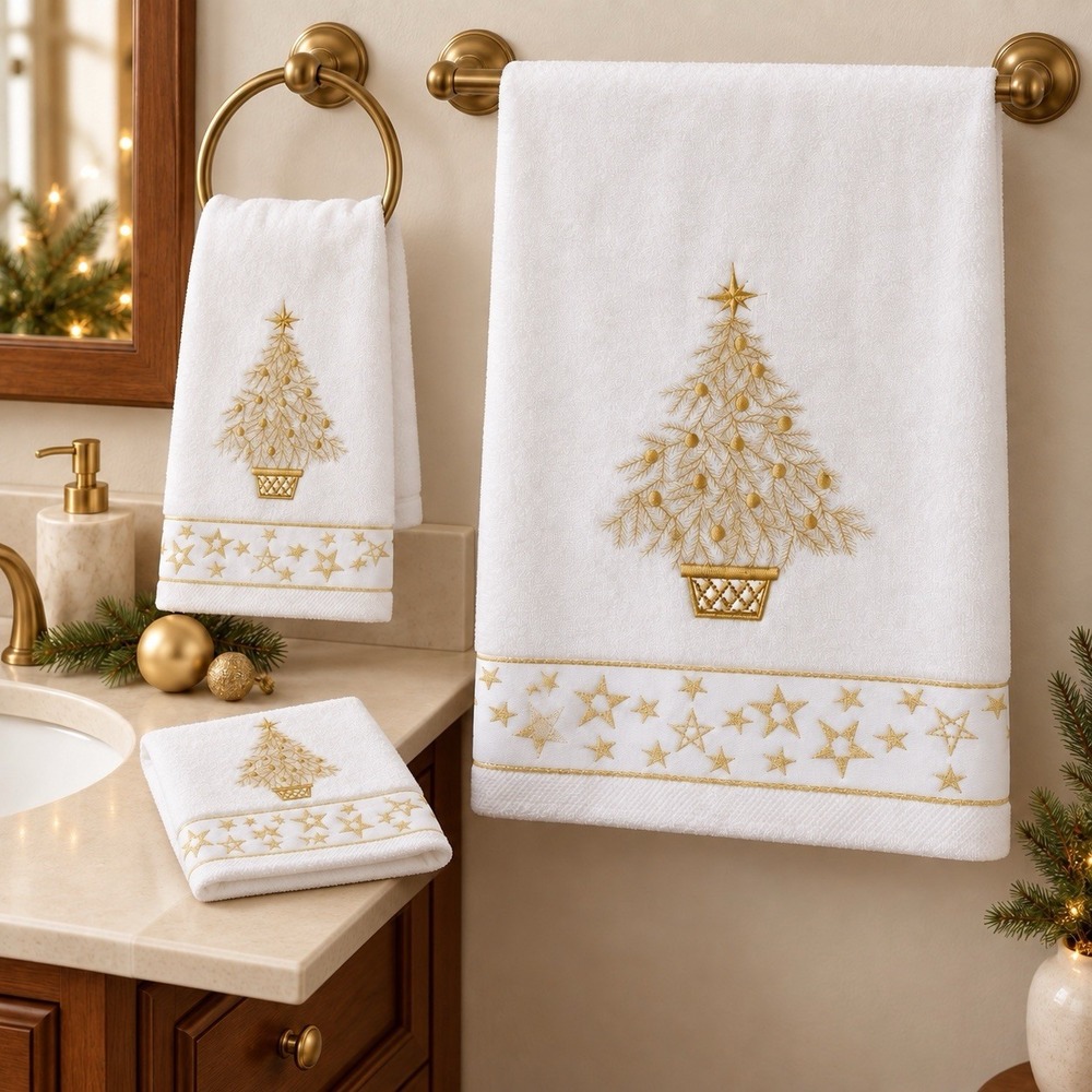 Marina Decoration Christmas Towel Set 3 Pc White Gold Tree Embroidered Cotton